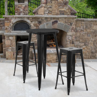 Flash Furniture CH-51080BH-2-30SQST-BK-GG 24" Round Bar Table Set with 2 Square Seat Backless Barstools in Black